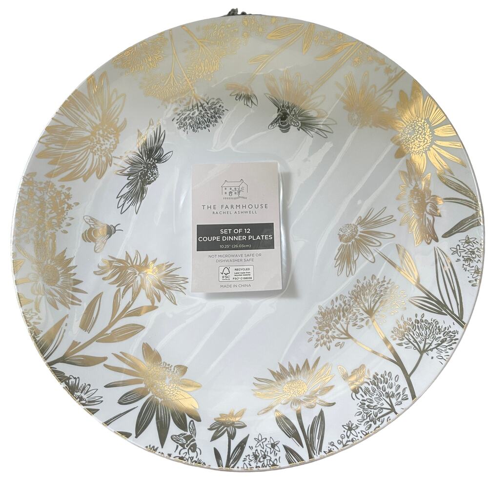 (12) Farmhouse RACHEL ASHWELL Metallic Gold | Silver Floral Dinner Plates NEW